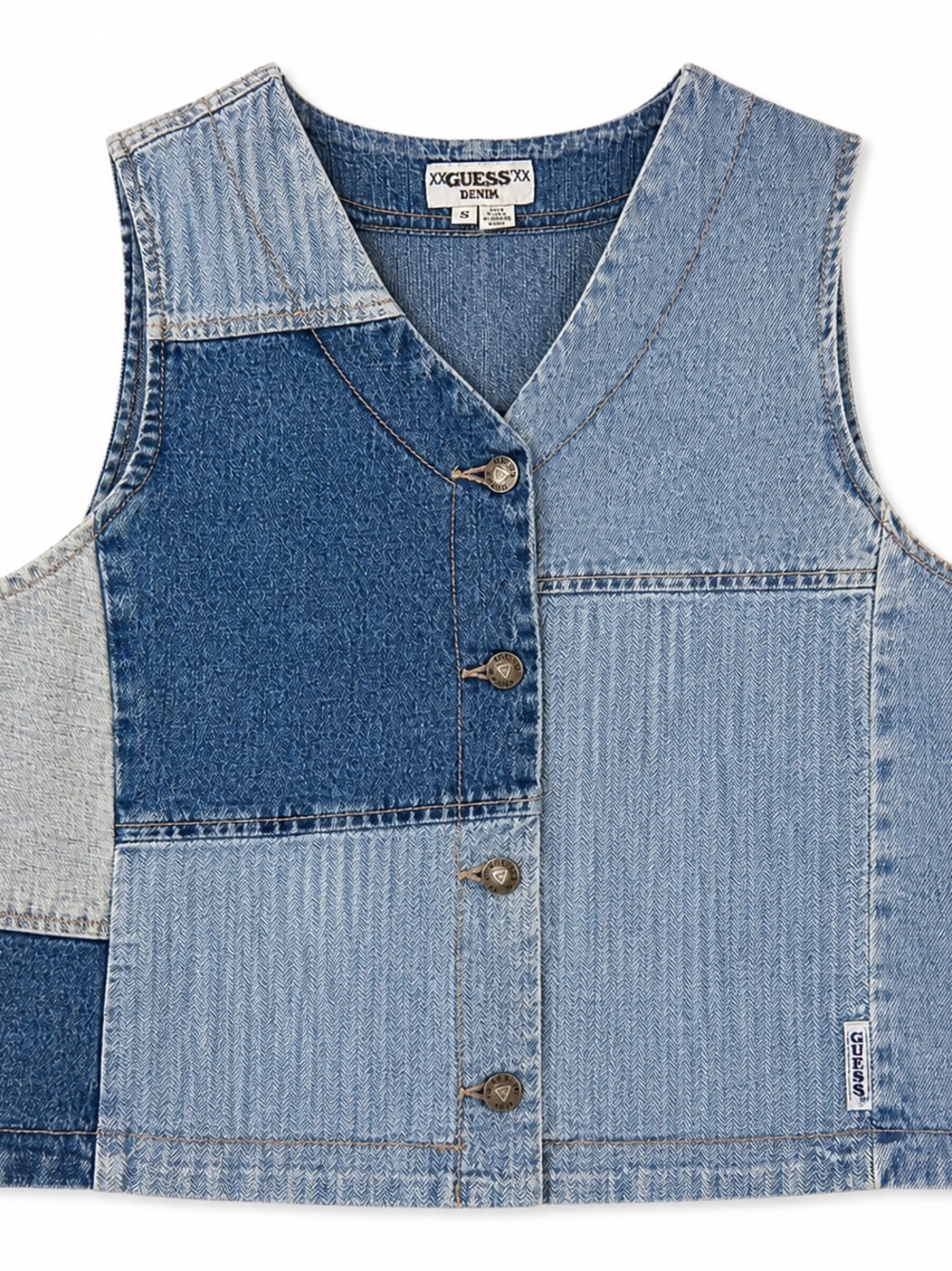 GUESS Patchwork Denim Vest in Light & Dark Blue